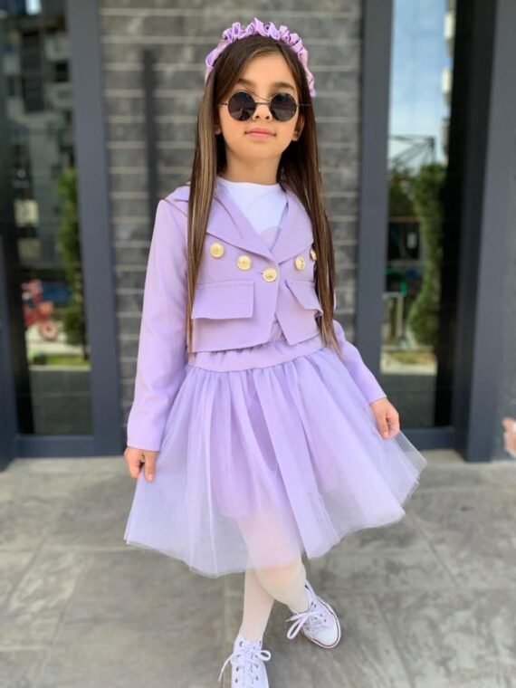 طقم بناتي 3 قطع تنورة مع بلوزة وجاكيت