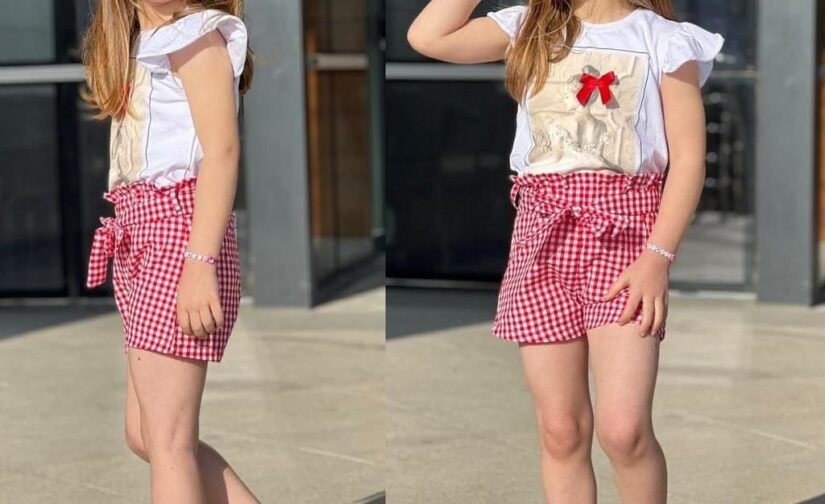 طقم بناتي شرط كاروهات وبلوزة أبيض